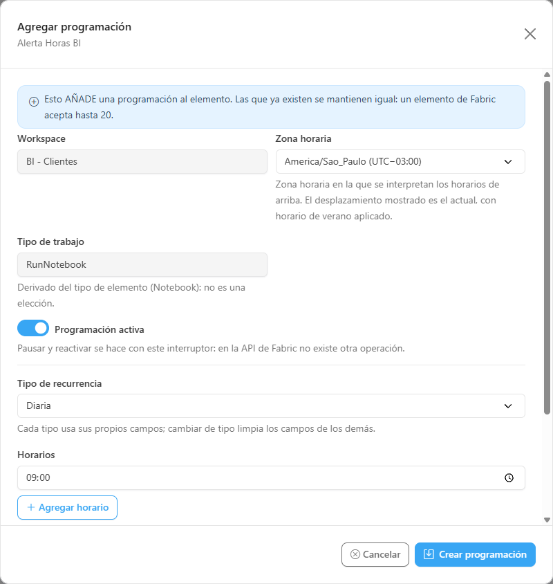 Formulario Agregar programación con zona horaria, tipo de trabajo, interruptor Programación activa, recurrencia Diaria y validez