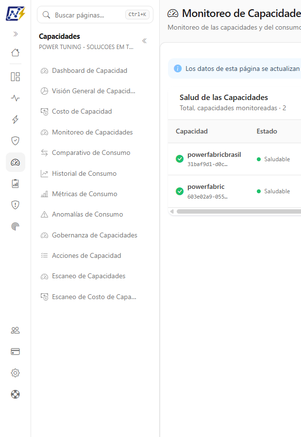 Dominio Capacidades abierto en el menú lateral con la lista de pantallas