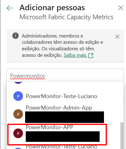 Agregando el Service Principal PowerMonitor-APP al workspace