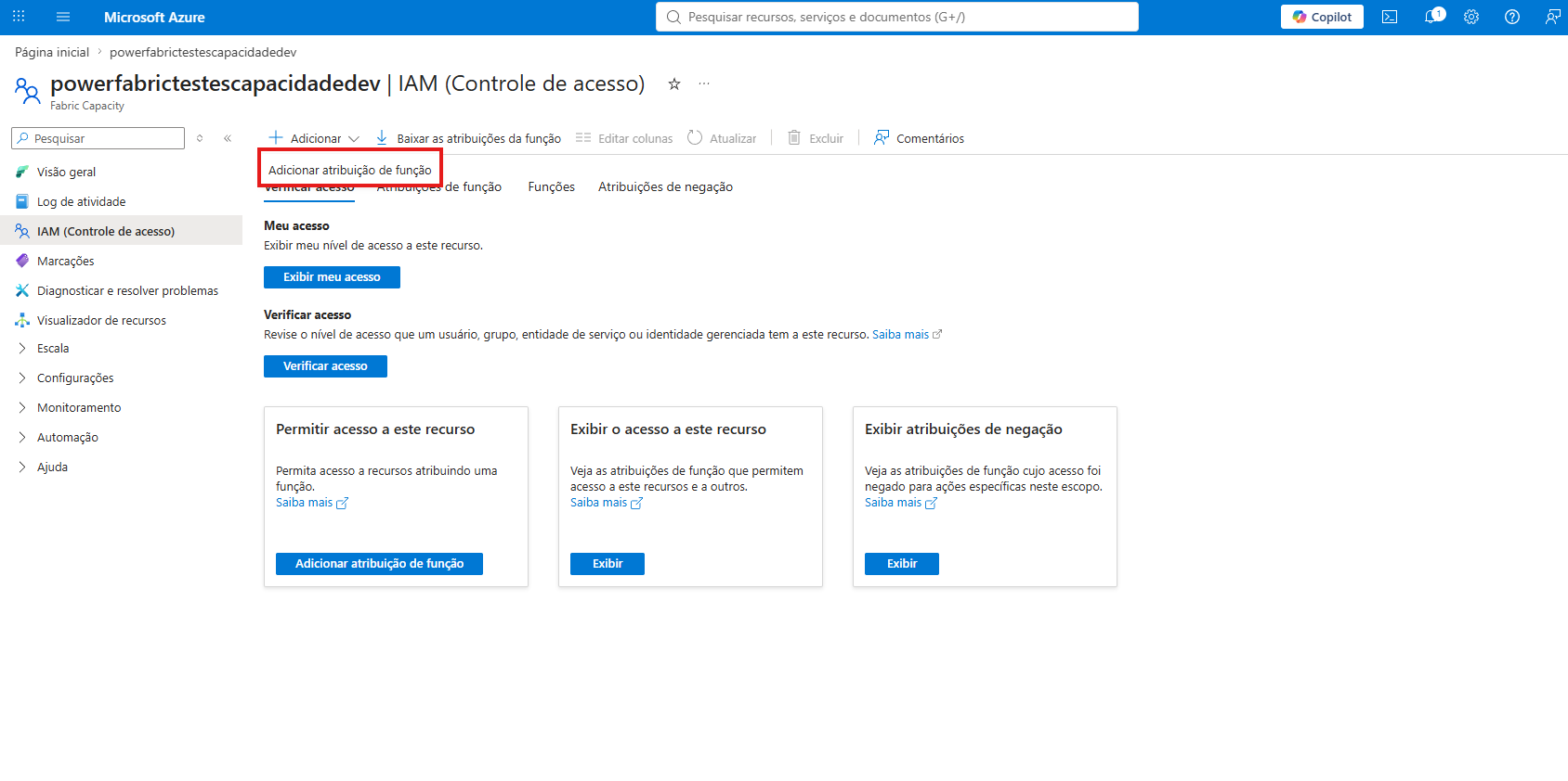 Menú Control de acceso (IAM) del recurso