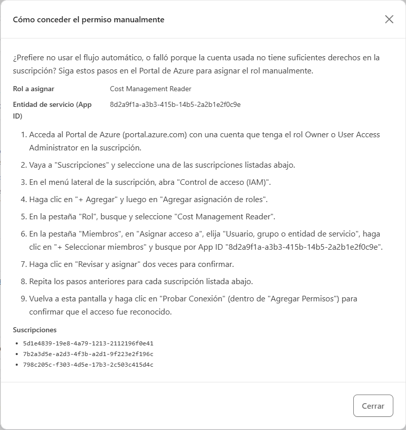 Ventana de instrucciones para asignar el rol Cost Management Reader en el portal de Azure