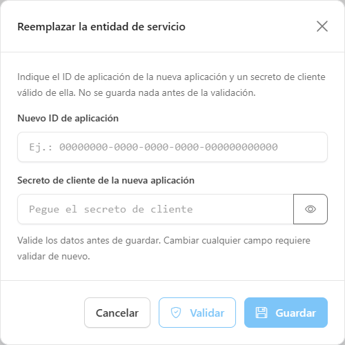 Modal Reemplazar la entidad de servicio con los campos de ID de aplicación y secreto de cliente