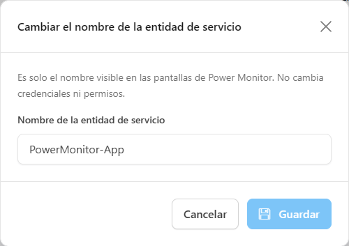 Modal Cambiar el nombre de la entidad de servicio