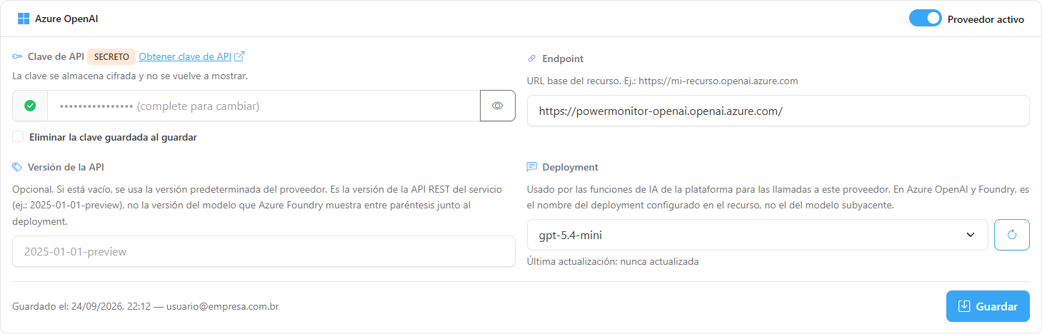 Formulario de Azure OpenAI con los campos Endpoint, Versión de la API y Deployment