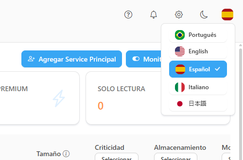 Controles superiores con Ayuda, Novedades, el engranaje de configuración, el botón de tema y el selector de idioma abierto