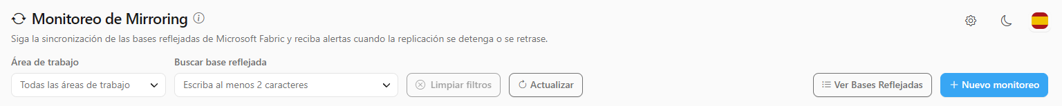 Encabezado de la pantalla con los filtros Workspace y Buscar base reflejada y los botones Limpiar filtros, Actualizar, Ver Bases Reflejadas y Nuevo monitoreo
