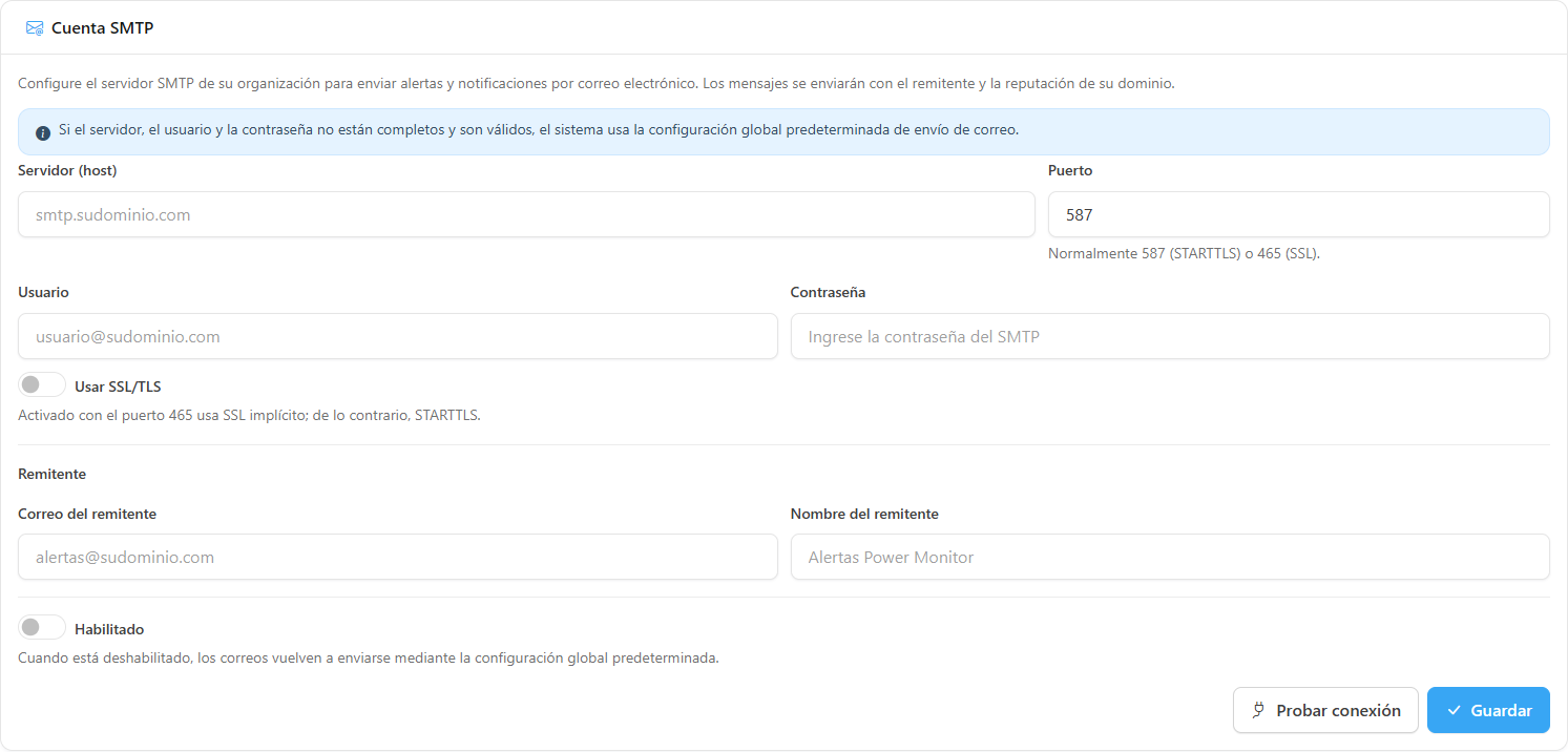 Formulario de la Cuenta SMTP con servidor, puerto, usuario, contraseña y remitente