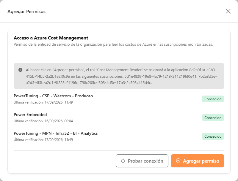 Modal Agregar Permisos con la lista de suscripciones y los botones Probar conexión y Agregar permiso