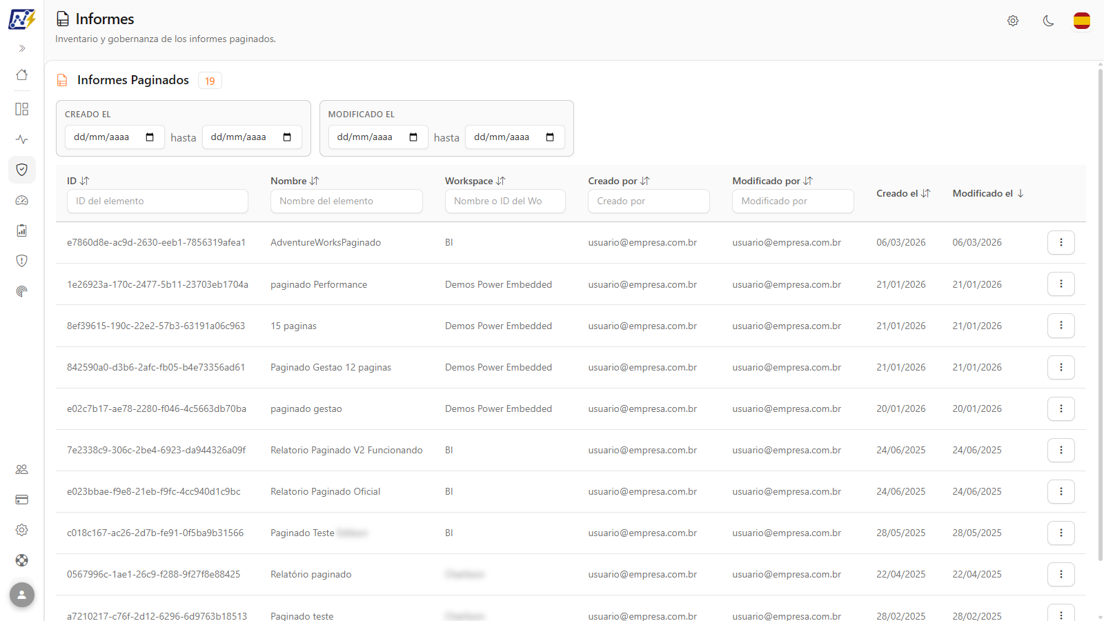 Pantalla de Informes Paginados con filtros de fecha y tabla de informes