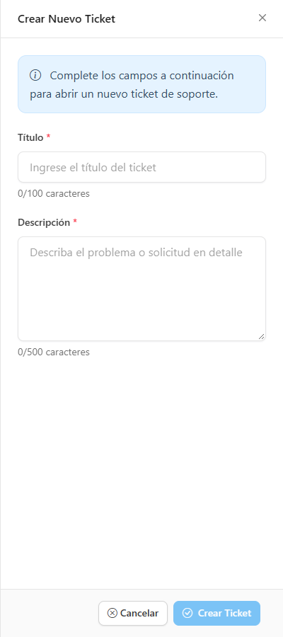 Panel lateral Crear Nuevo Ticket con los campos Título y Descripción