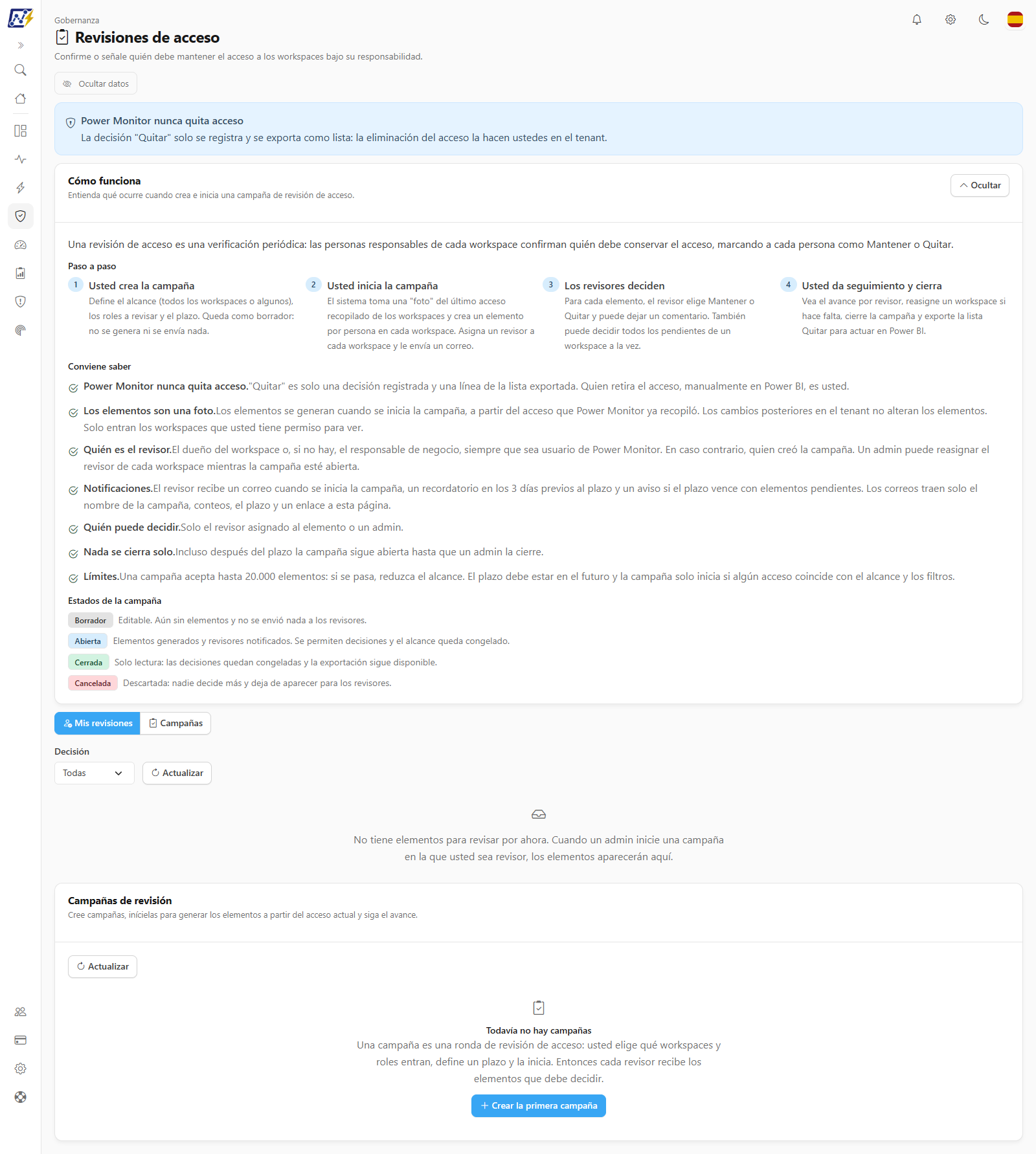 Pantalla Revisiones de acceso con la tarjeta Power Monitor nunca quita acceso, la tarjeta Cómo funciona y las pestañas Mis revisiones y Campañas