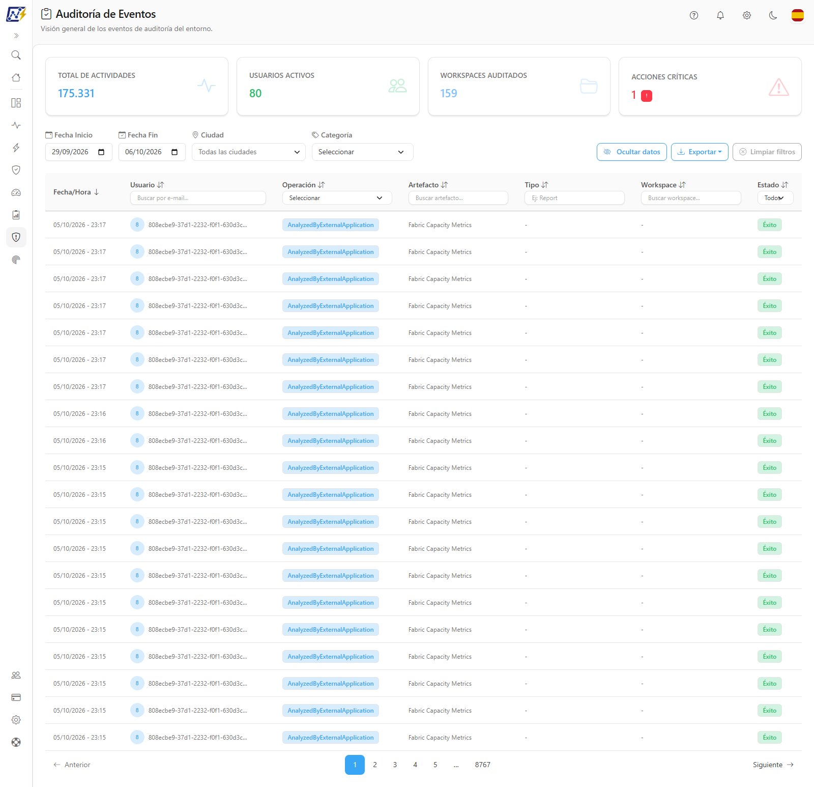Pantalla Auditoría de Eventos con los KPIs, los filtros y la lista de eventos