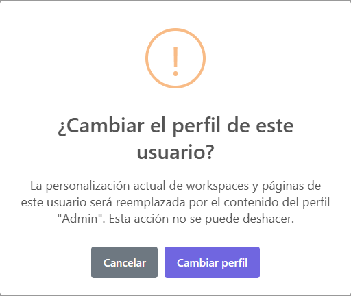 Ventana de confirmación ¿Cambiar el perfil de este usuario?