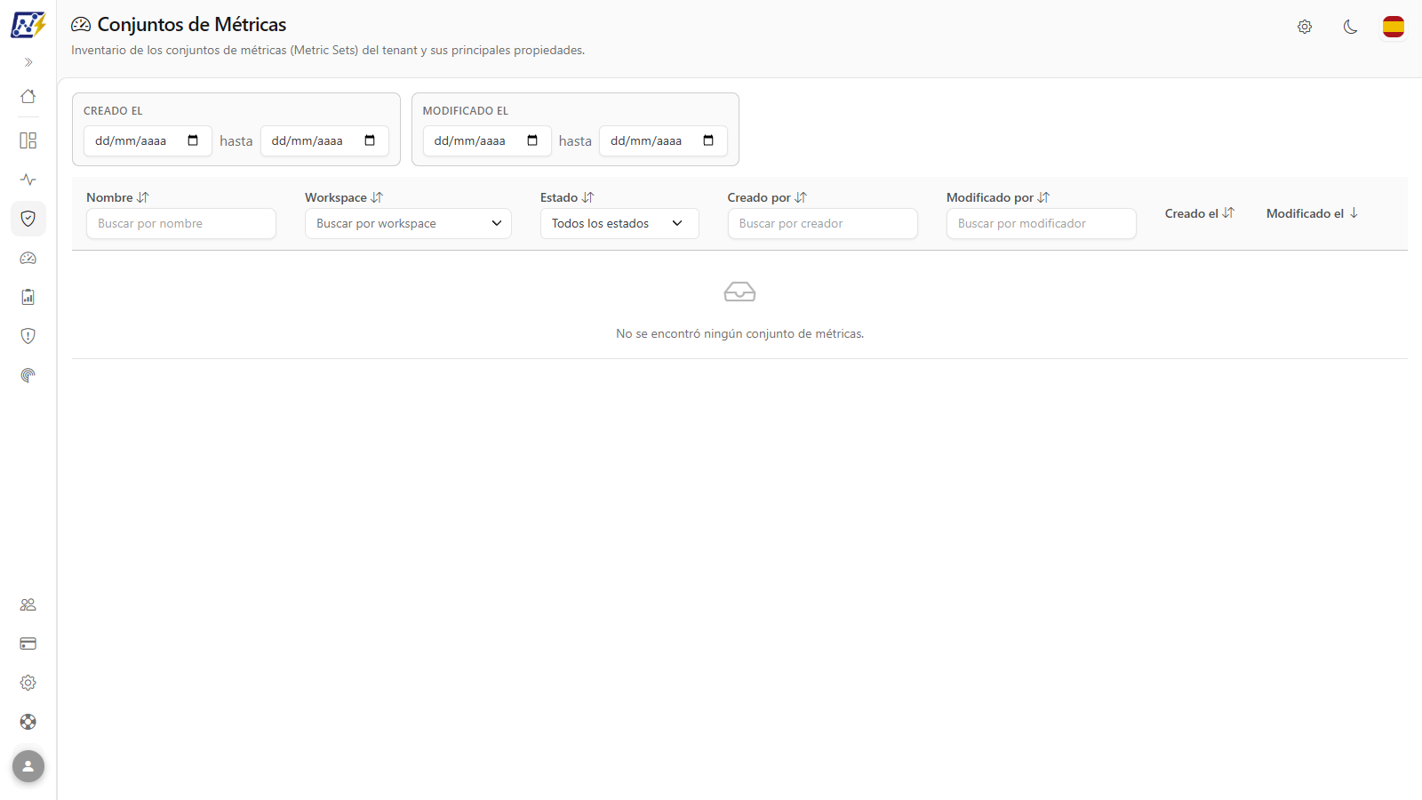 Pantalla de Conjuntos de Métricas con la tabla y los filtros en el encabezado