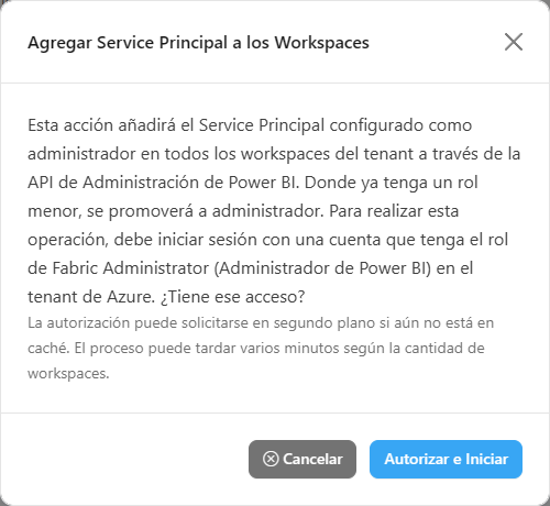 Modal Agregar Service Principal a los Workspaces con el botón Autorizar e Iniciar