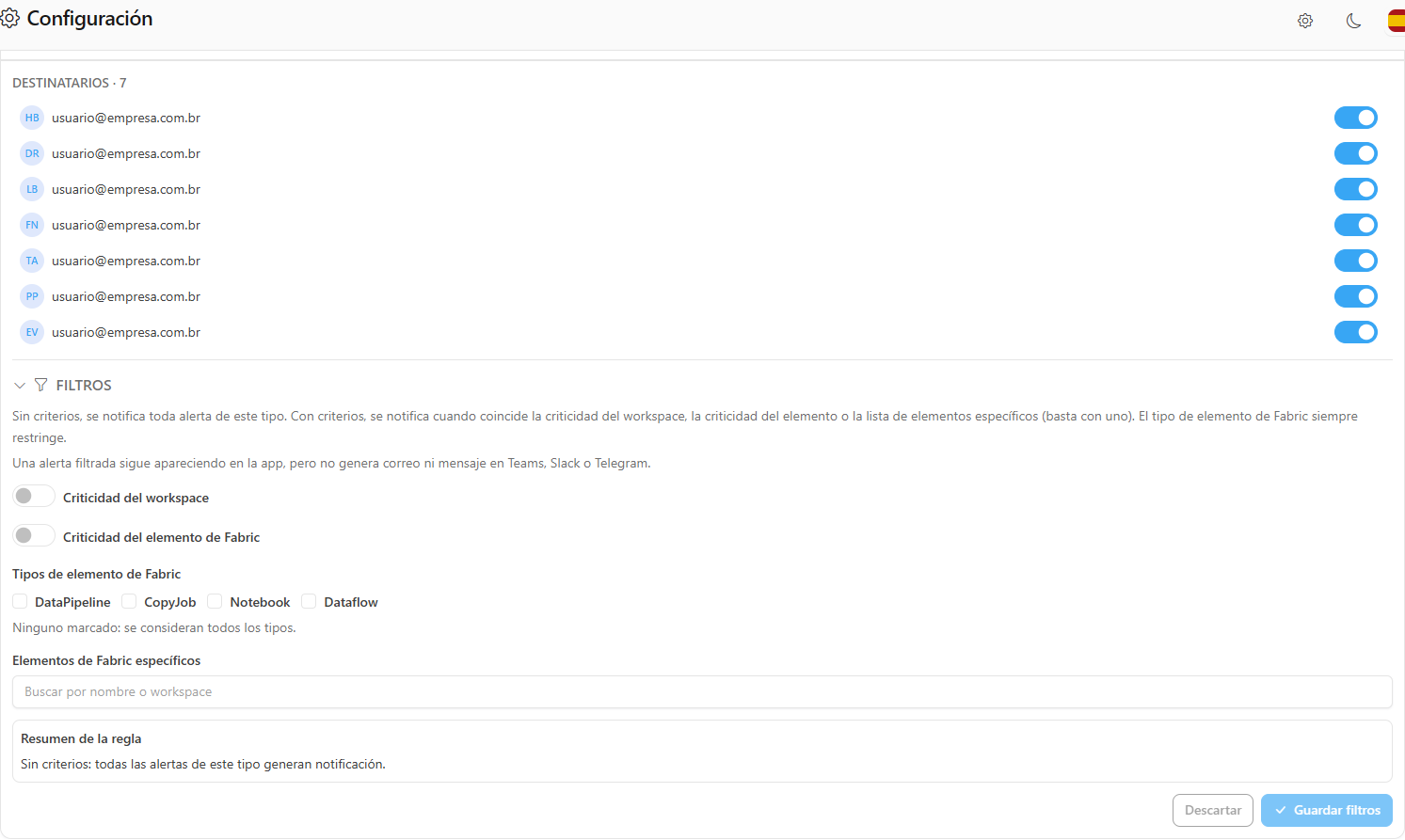Panel Filtros de la alerta Error en Elemento de Fabric con criticidad, tipos de elemento, elementos específicos y resumen de la regla