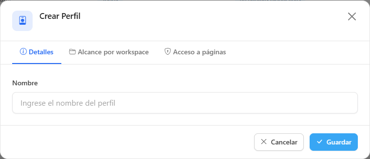 Modal Crear Perfil en la pestaña Detalles con el campo Nombre