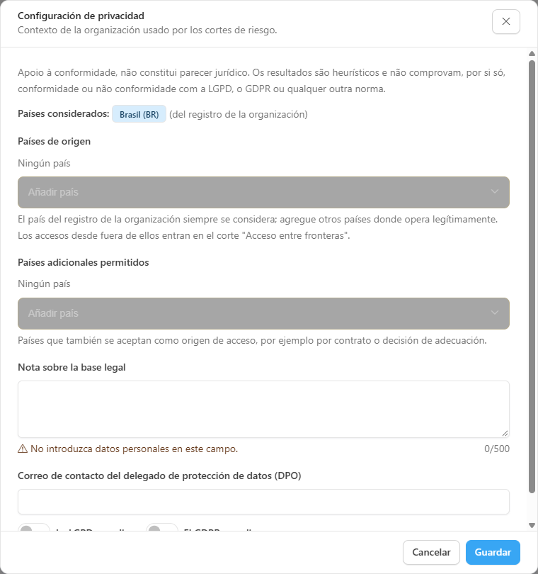 Ventana Configuración de privacidad con los campos Países de origen, Países adicionales permitidos, Nota sobre la base legal y Correo de contacto del delegado de protección de datos