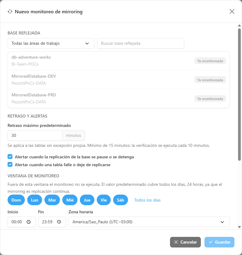 Modal Nuevo monitoreo de mirroring con base reflejada, retraso, ventana y destinatarios