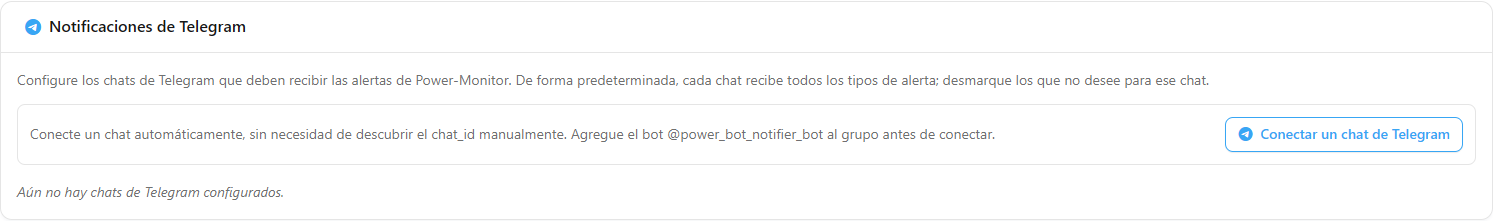 Sección Notificaciones de Telegram con el botón Conectar un chat de Telegram y la lista de chats