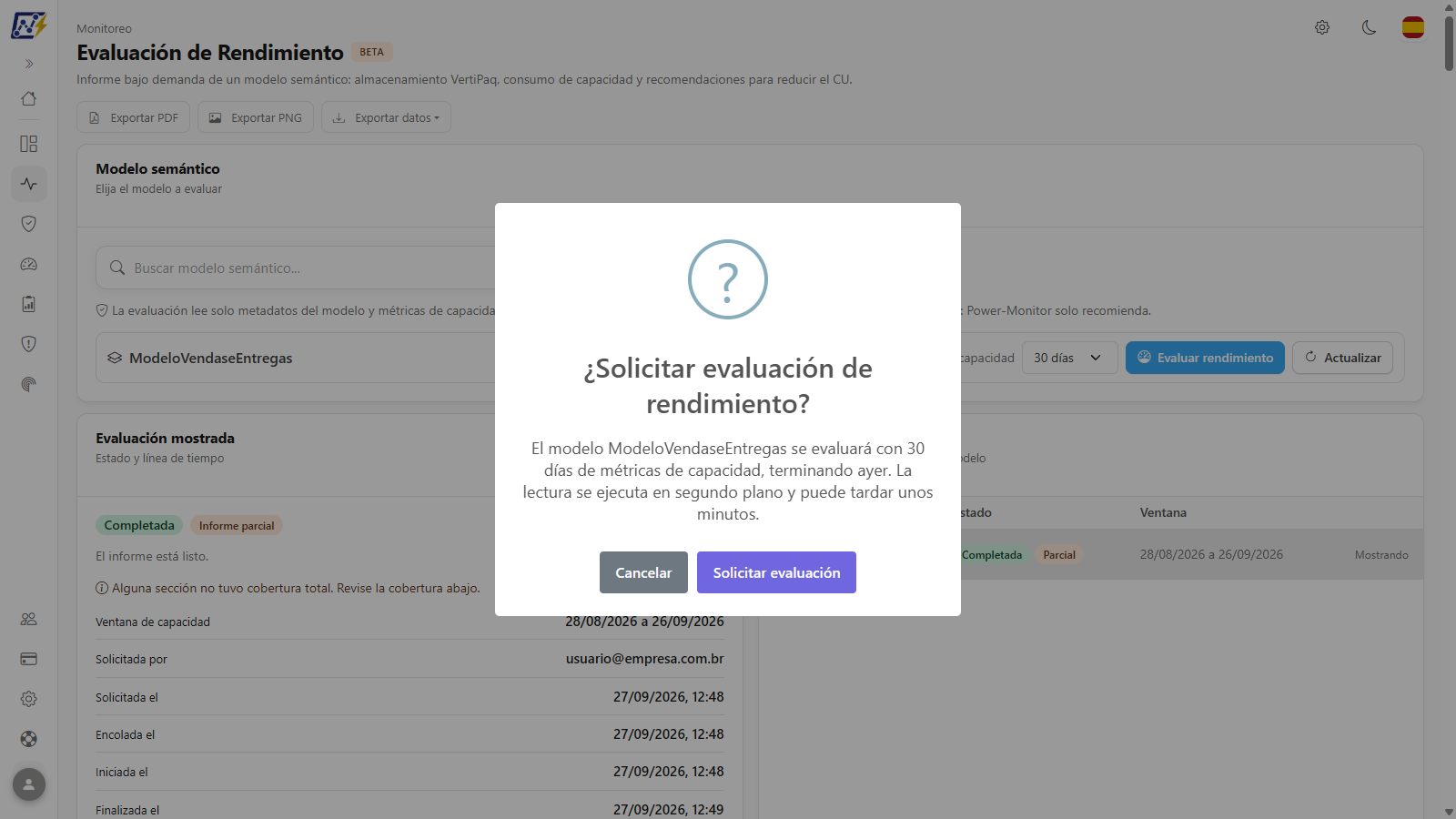 Diálogo de confirmación Solicitar evaluación de rendimiento
