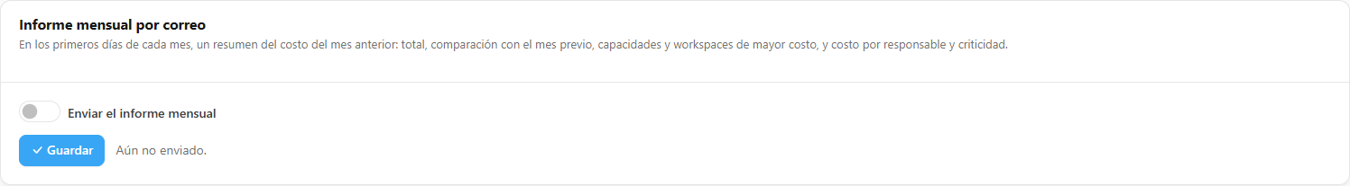 Sección Informe mensual por correo con el interruptor Enviar el informe mensual y los destinatarios