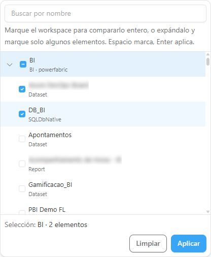 Selector de entidad del tipo Workspace abierto, con el árbol de workspaces, un workspace expandido con elementos marcados y los botones Aplicar y Limpiar
