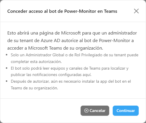 Ventana Conceder acceso al bot de Power-Monitor en Teams con los avisos y los botones Cancelar y Continuar