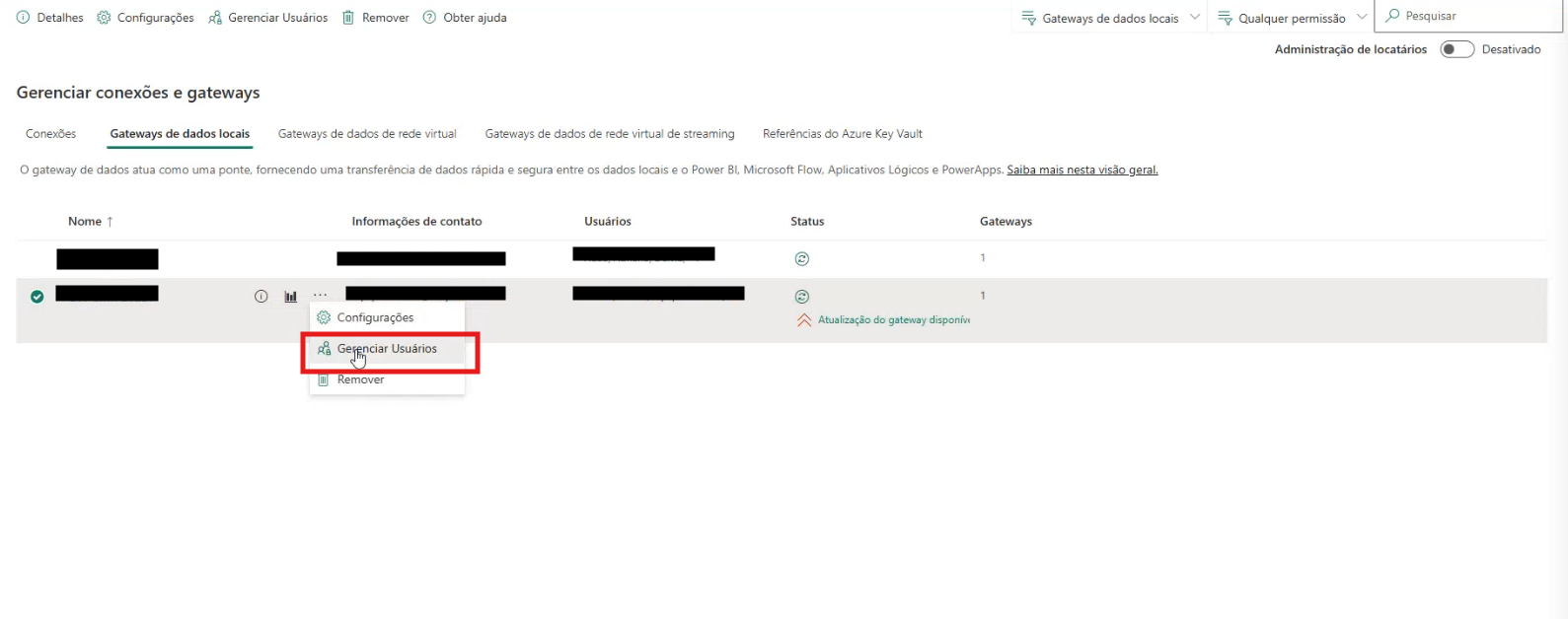 Opción Administrar usuarios del gateway