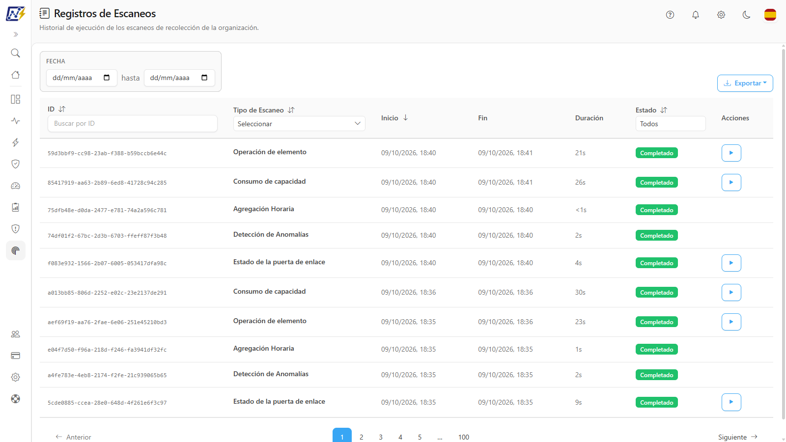 Pantalla Registros de Escaneos con filtros por ID, tipo y estado y la tabla de ejecuciones