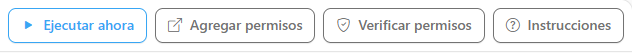 Barra de acciones de la pantalla Dominios con Ejecutar ahora, Agregar permisos, Verificar permisos e Instrucciones