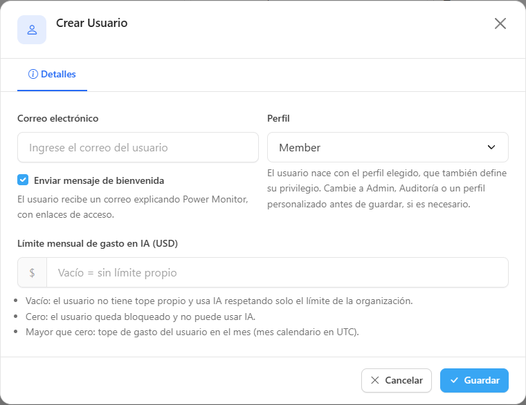 Modal Crear Usuario con los campos Correo electrónico, Perfil, Límite mensual de gasto en IA y la opción Enviar mensaje de bienvenida