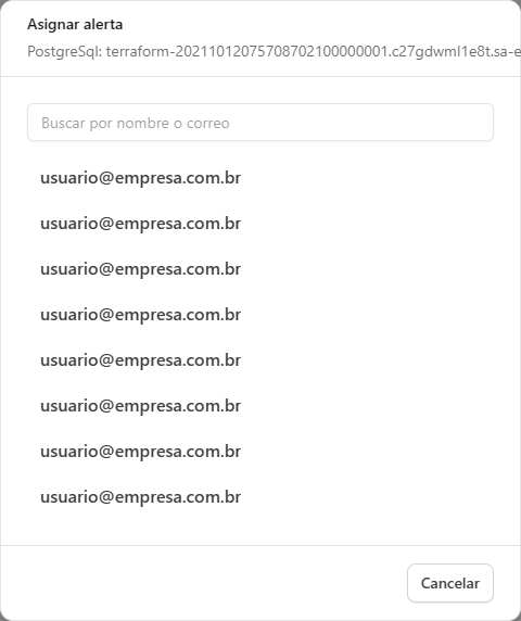 Modal Asignar alerta con el campo Buscar por nombre o correo y la lista de usuarios
