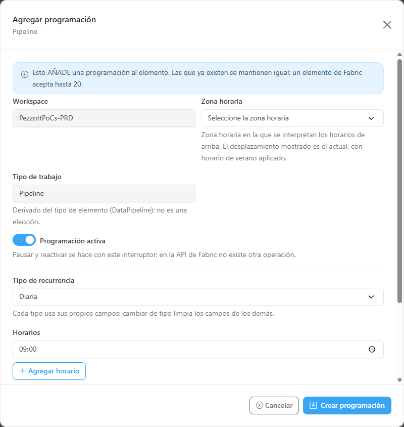 Formulario Agregar programación abierto desde la pestaña Programaciones de un elemento