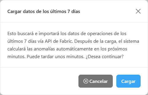 Modal Cargar datos de los últimos 7 días con los botones Cargar y Cancelar