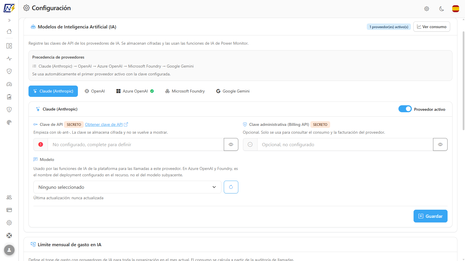 Formulario de un proveedor de IA con clave de API, endpoint y modelo