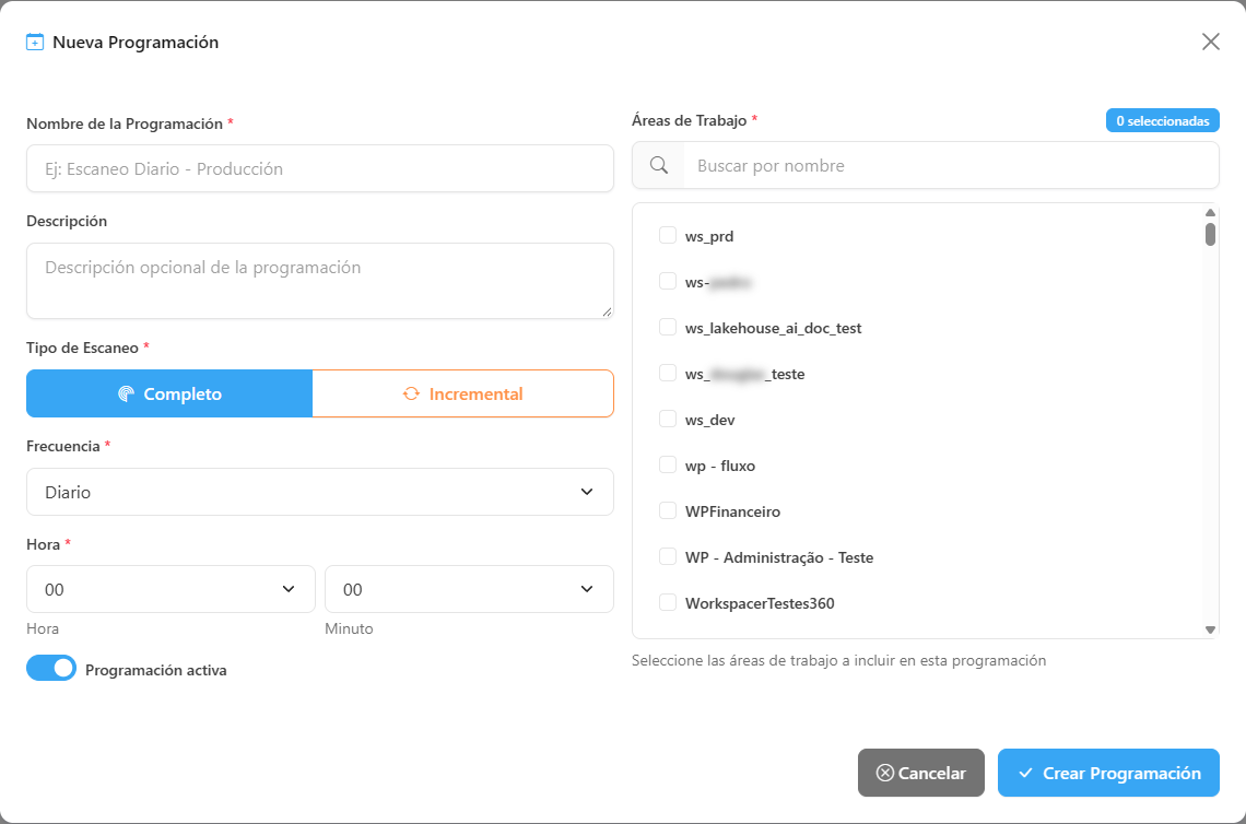 Formulario Nueva Programación con nombre, descripción, tipo de escaneo, frecuencia, horario y lista de workspaces
