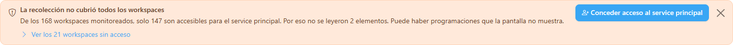 Aviso La recolección no cubrió todos los workspaces con el botón Conceder acceso al service principal