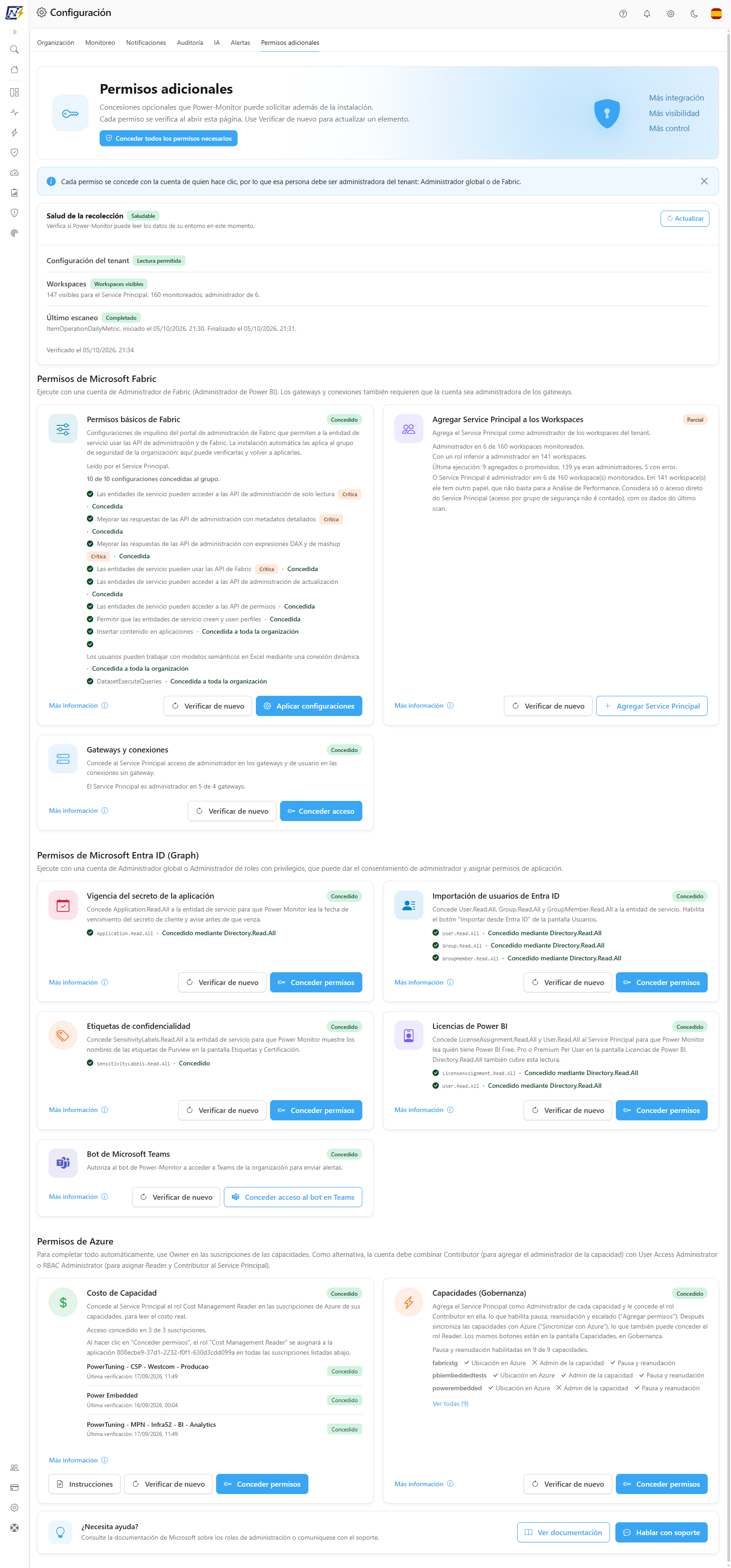 Pestaña Permisos adicionales con los grupos Fabric, Entra ID y Azure