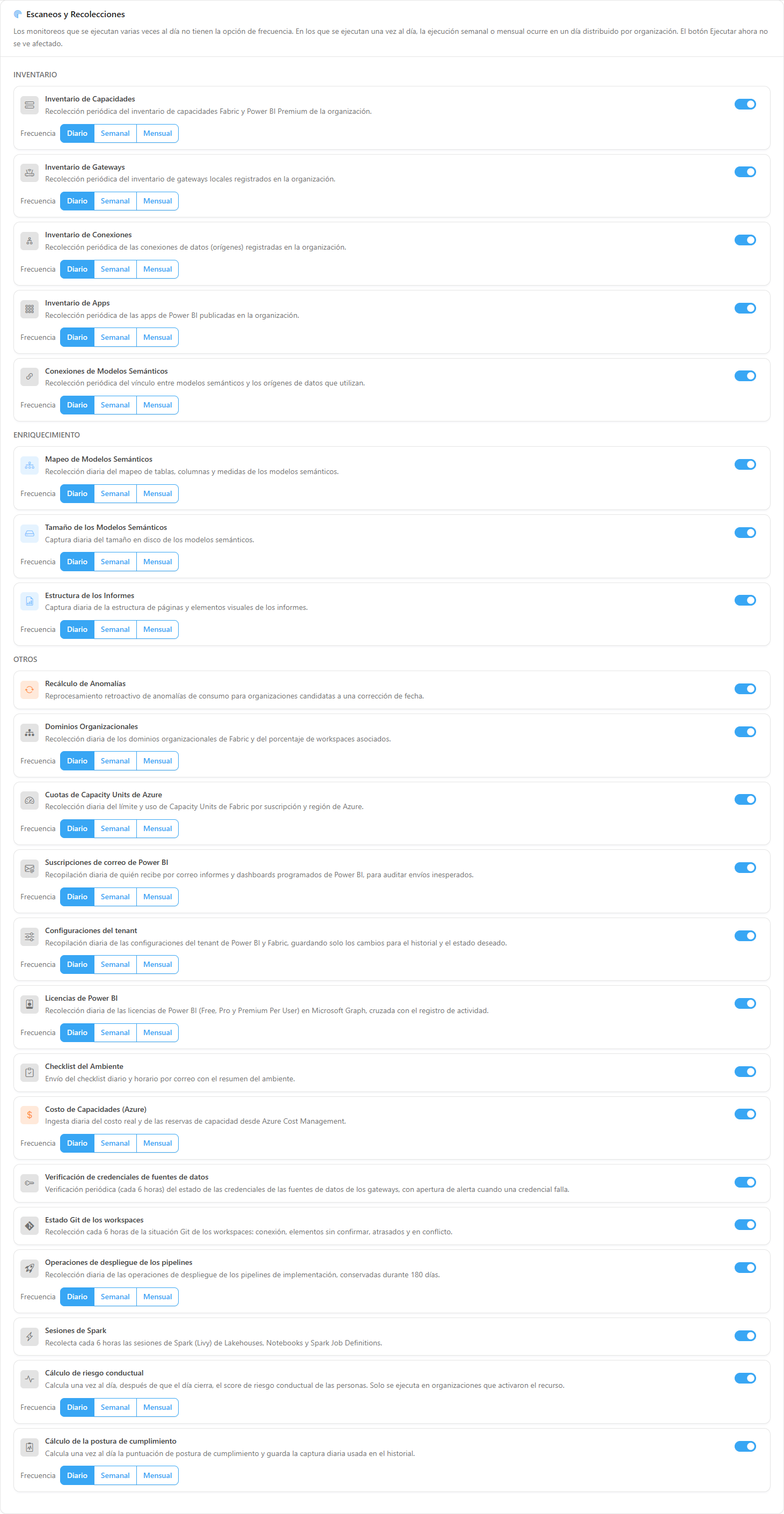 Sección Escaneos y Recolecciones con los grupos Inventario, Enriquecimiento y Otros y el selector de frecuencia