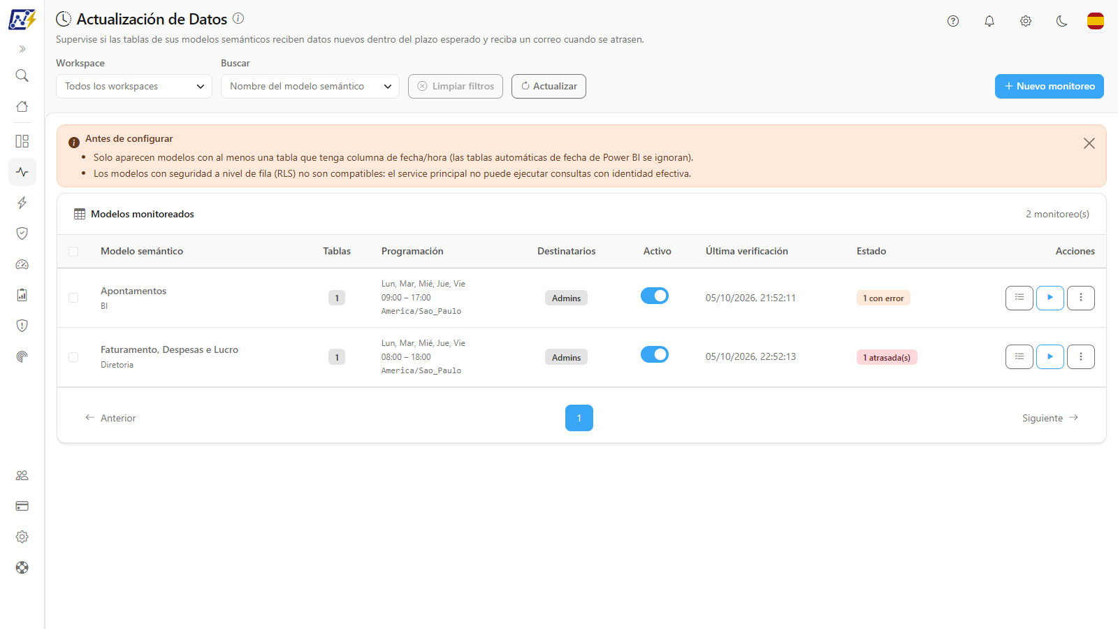 Pantalla Actualización de Datos con los modelos monitoreados y la situación de cada tabla