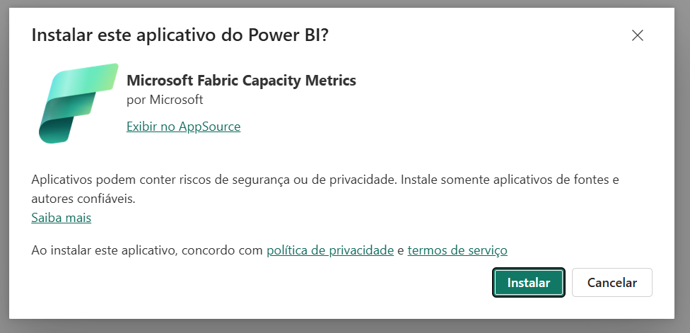Confirmación de instalación de Microsoft Fabric Capacity Metrics