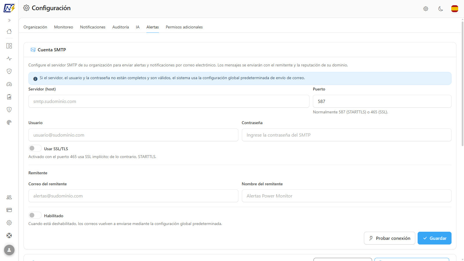 Pestaña Alertas con la Cuenta SMTP y las secciones de Teams, Slack y Telegram