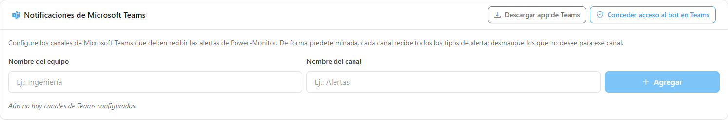 Sección Notificaciones de Microsoft Teams con los botones de consentimiento y descarga de la app y la lista de canales