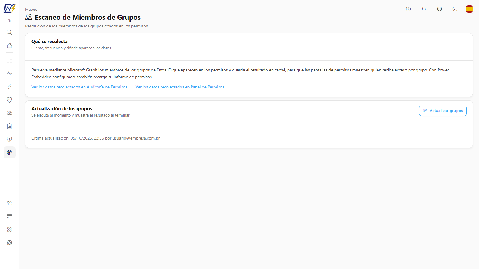 Pantalla Miembros de Grupos con la tarjeta Qué se recolecta y la tarjeta Actualización de los grupos con el botón Actualizar grupos