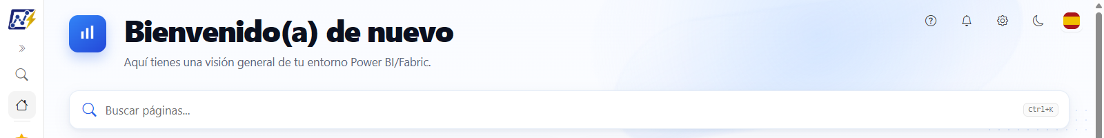 Parte superior de la página Inicio con el saludo Bienvenido(a) de nuevo y los controles de ayuda, novedades, configuración, tema e idioma