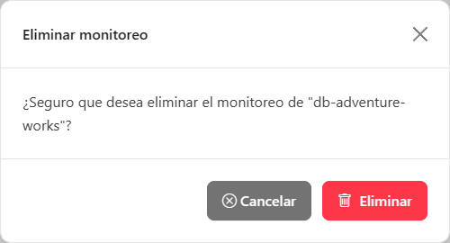 Modal de confirmación Eliminar monitoreo de mirroring