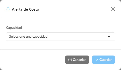 Modal Alerta de Costo con capacidad, umbral y destinatarios