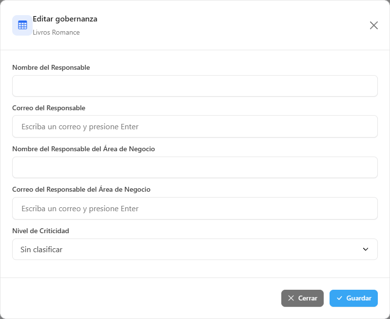 Modal Editar gobernanza de un modelo semántico con los campos de responsable y criticidad