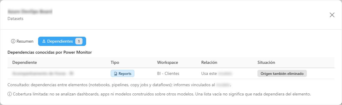 Pestaña Dependientes del modal de un artefacto eliminado, con el conteo de dependientes que pueden romperse y la tabla con las situaciones Puede romperse y Origen también eliminado
